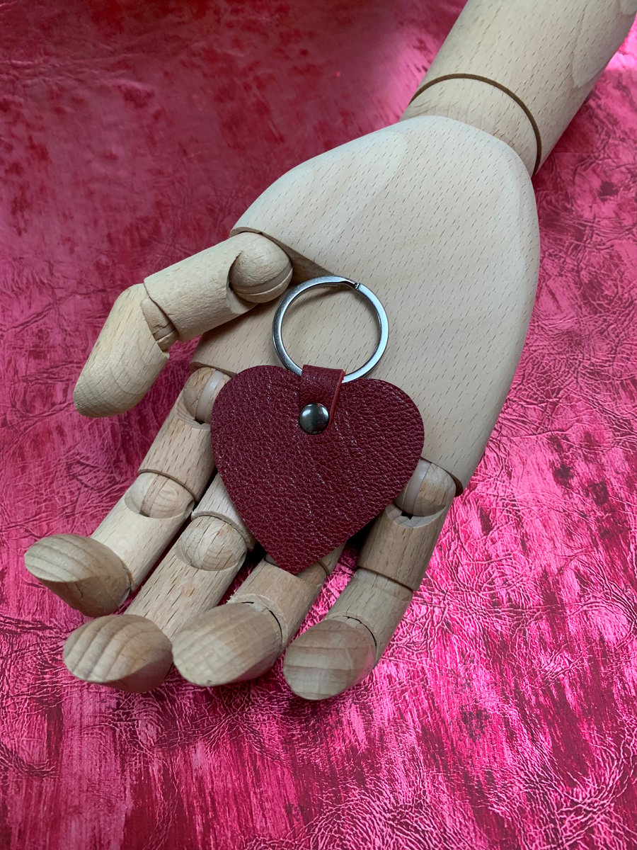 Red leather heart shaped keyring bag charm with gunmetal hardware
