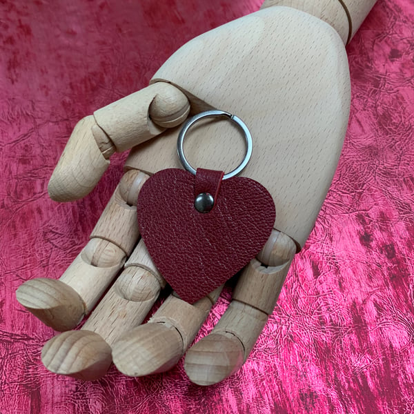 Red leather heart shaped keyring bag charm with gunmetal hardware