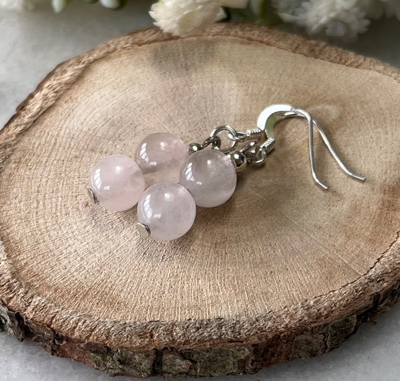 Handmade Sterling Silver and Rose Quartz Round Bead Drop Earrings 