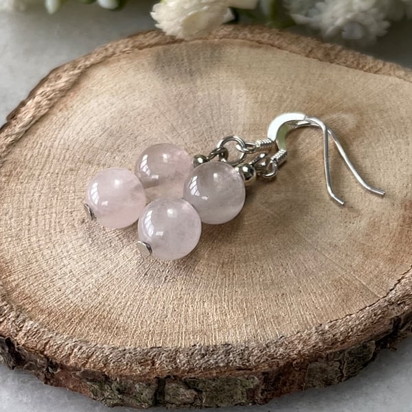 Handmade Sterling Silver and Rose Quartz Round Bead Drop Earrings 