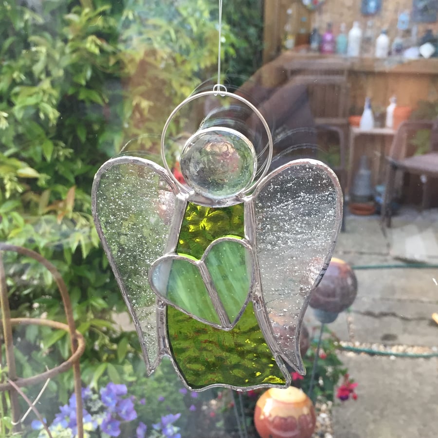 Stained Glass Angel - Handmade Window Decoration - Lime Green