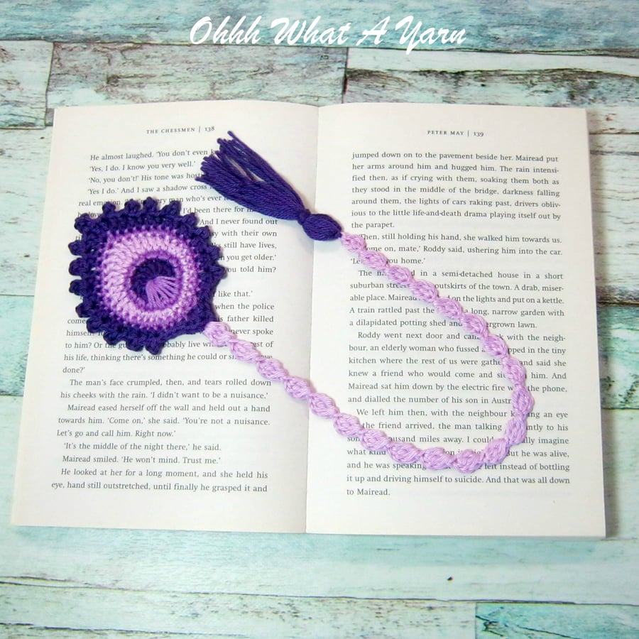 Purple peacock feather crochet bookmark, pagekeeper.