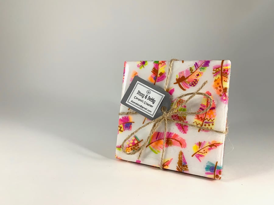 A Set of Four 10 by 10 cm High Gloss Ceramic Tile Coasters 