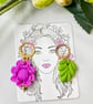 Handmade earrings, Pink Rose and Green Leaf Earrings.
