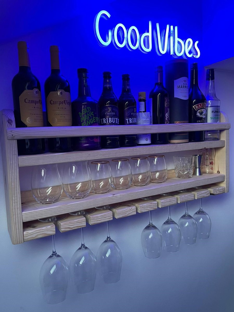 Rustic hand made wall mounted gin and wine rack