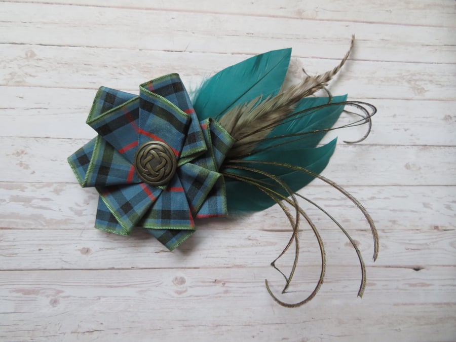 Flower of Scotland Tartan Ruffle Celtic Brass Button Teal Feather Hat Hair Clip