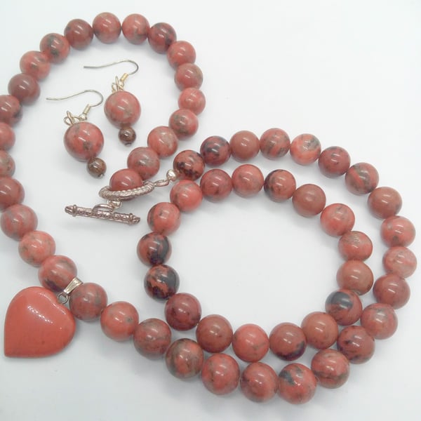 Red Jasper and Mahogany Jasper 3 Piece Jewellery Set, Semi Precious Jewellery