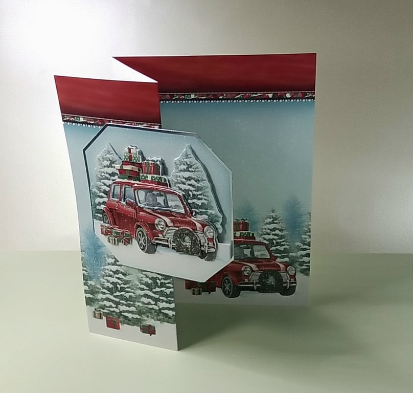 Decoupaged Christmas Card,  Red Mini A5