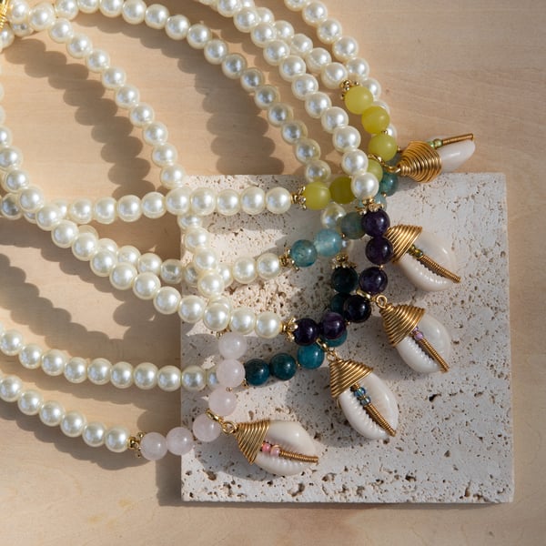 Glass Pearl Crystal Wire Wrapped Cowrie Shell Necklace, 18K Gold Plate