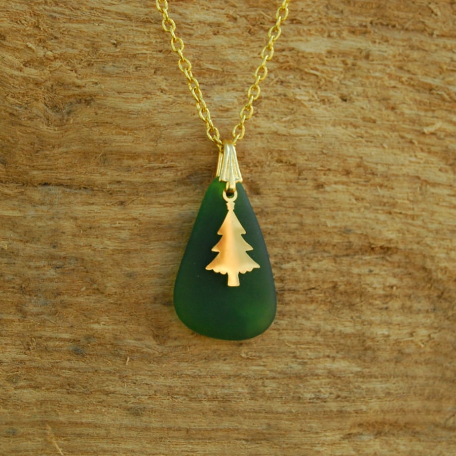Green beach glass pendant with golden Christmas tree 