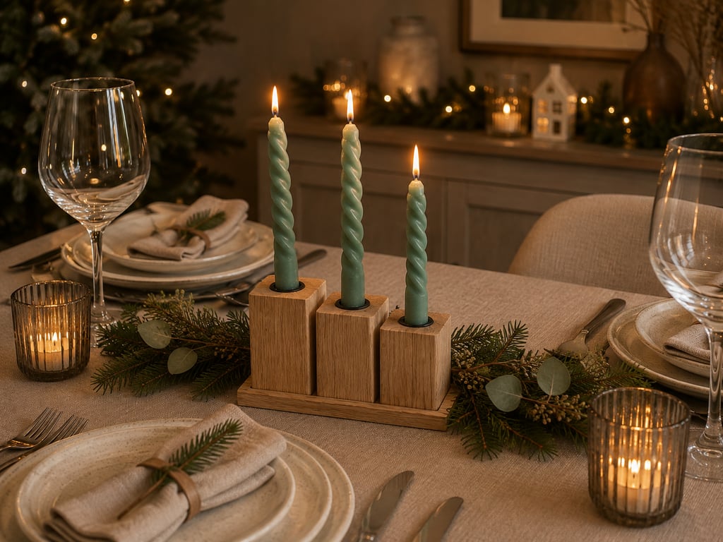 Solid Oak Dinner Candle Holder Set Upcycled Wood Trio with Tray