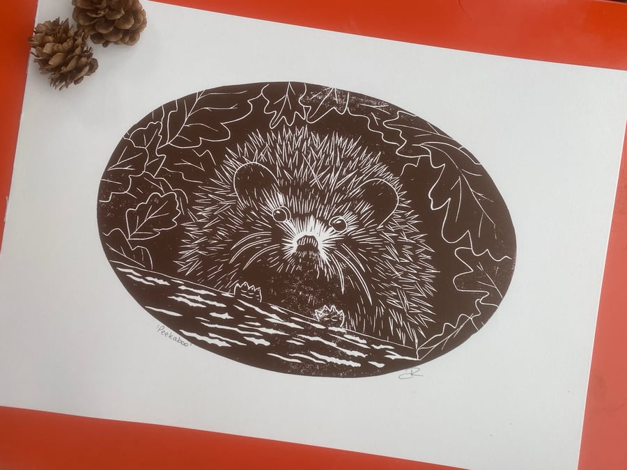 Hedgehog peekaboo linoprint 