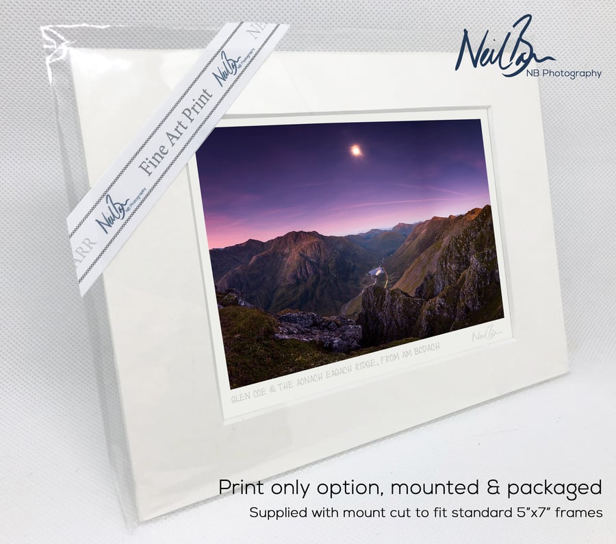 Moon over Glen Coe & Aonach Eagach Ridge at night - A6 (7" x 5") Unframed Print