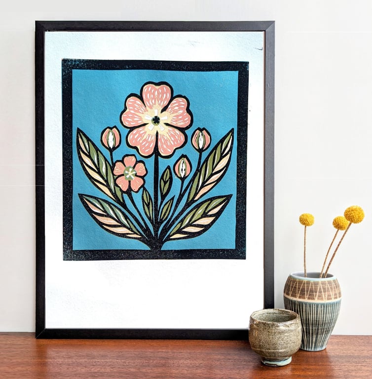 Original Handmade Primrose Linoprint – Botanical Floral Art 