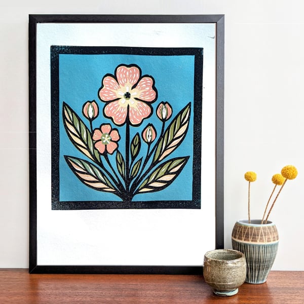 Original Handmade Primrose Linoprint – Botanical Floral Art 