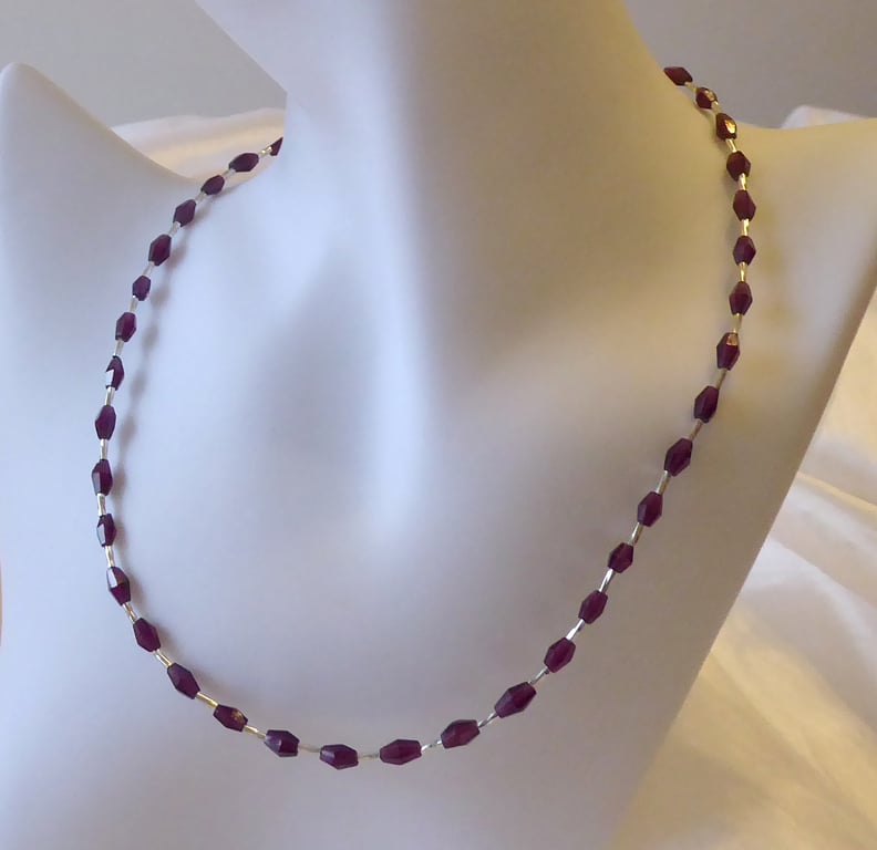 Bicone Rhodolite Garnet & Sterling Silver Necklace Capricorn January Birthstone