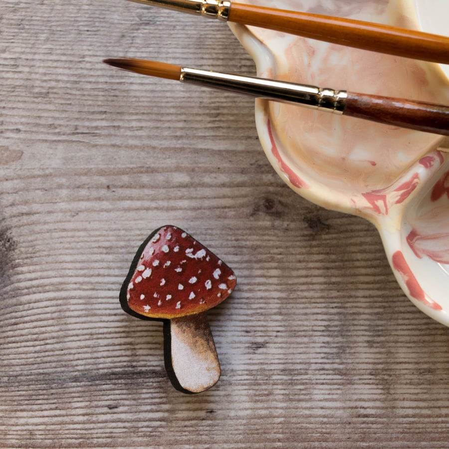 Red spotted mushroom brooch. Laser cut wood