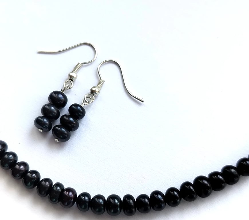Black Freshwater Pearl Handmade Necklace & Earrings Gift Set