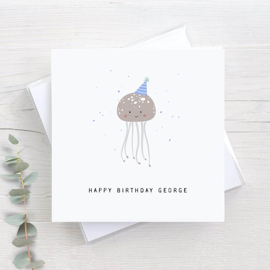 Jellyfish birthday card, personalised, fun jellyfish, ocean theme, under the se
