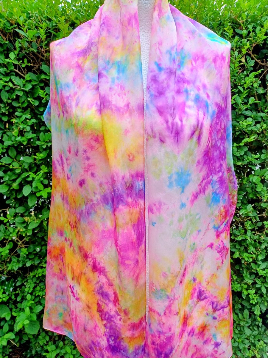 Stunning Hand Dyed Pure Silk Scarf. 'Flower Garden' A Beautiful Gift. 