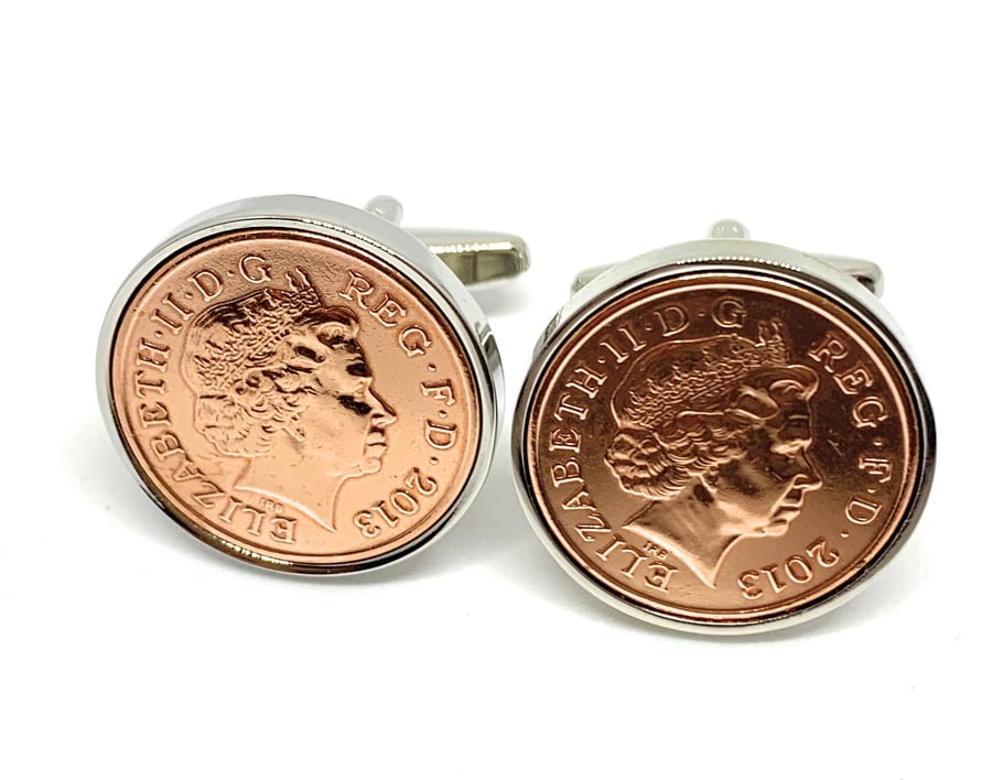 7th copper wedding anniversary cufflinks - Copper 1p coins from 2014 - Gift