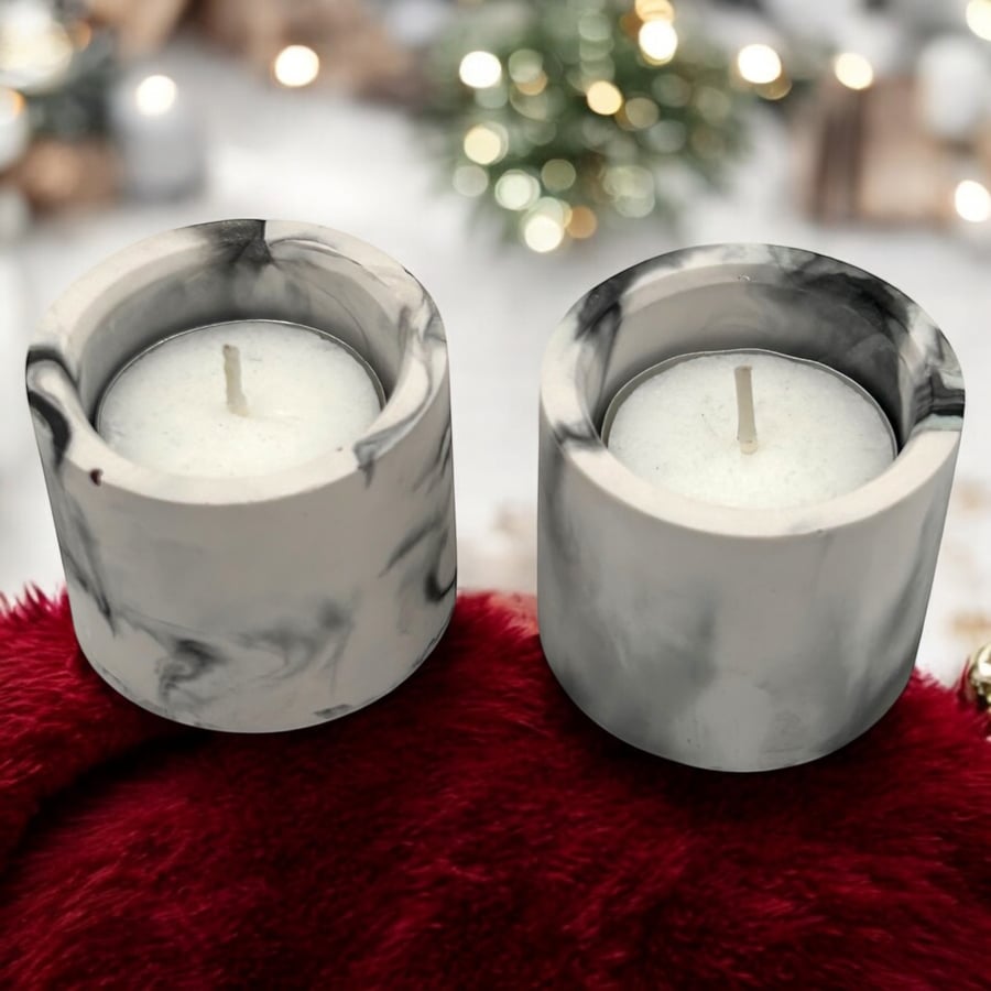 Grey Marbled Set of Two Tealight Holders - Duo of Pillar Candle Holders (dp2)