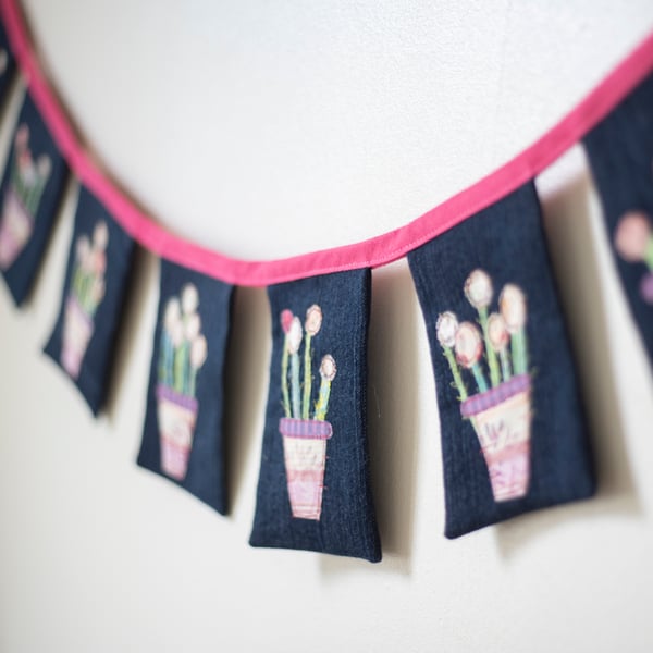 Appliquéd Plant Pot and Flower Denim Bunting 