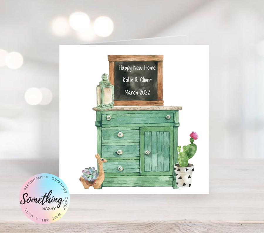  New Home Card Personalised with names and dates - Plants & Chalk Board
