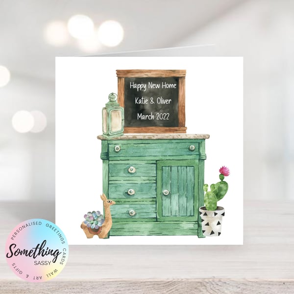  New Home Card Personalised with names and dates - Plants & Chalk Board