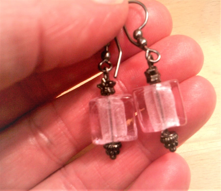 Pink Glass Square Earrings, Candy Pink and Gunmetal Dangle Earrings