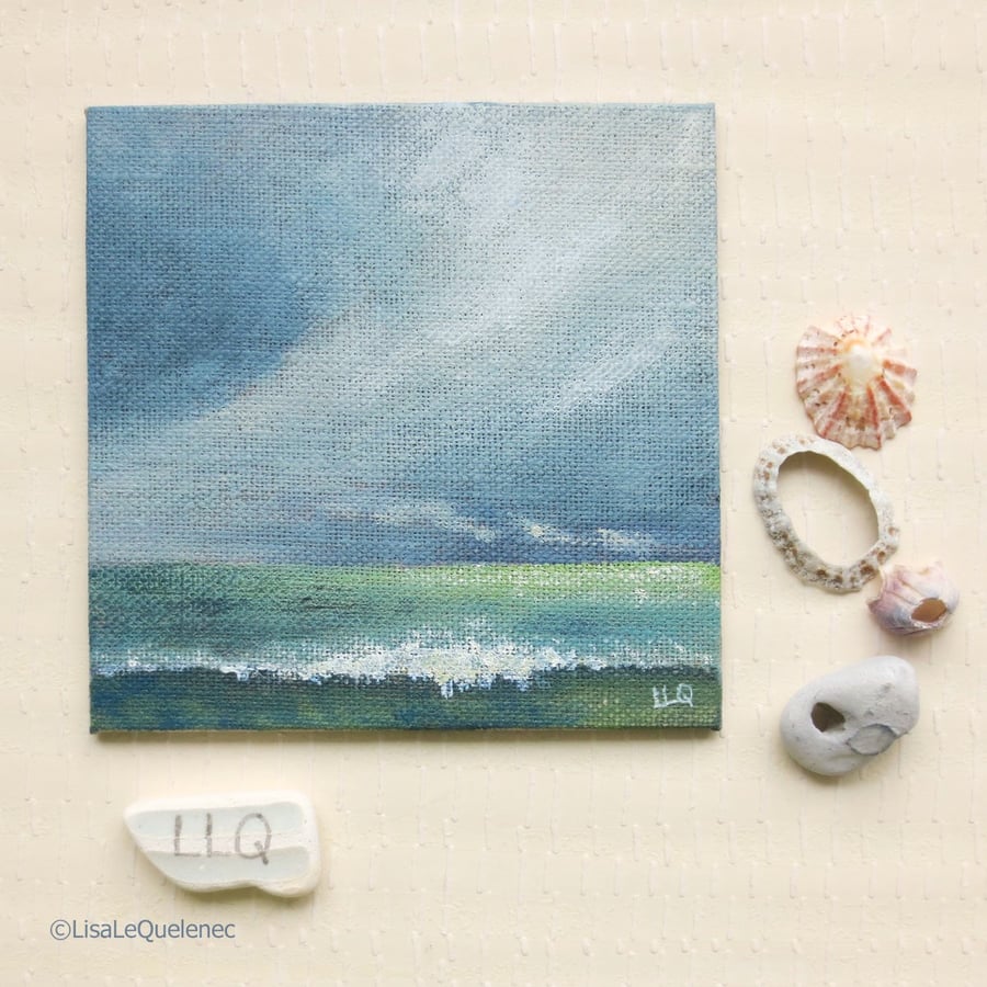Original miniature stormy sea painting ocean storm small art