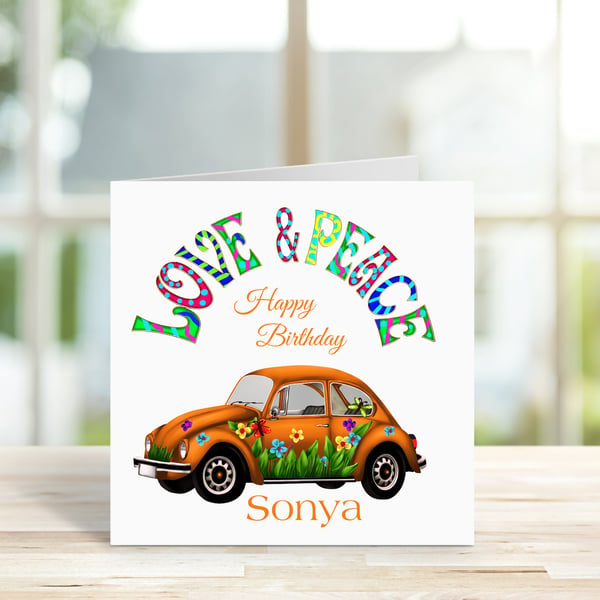 Personalised Retro Car Birthday Card. Orange