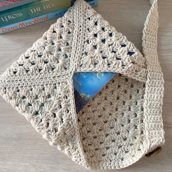 Granny Square Book Sleeve - Book Wrap -  Ecru Crocheted Book Sleeve