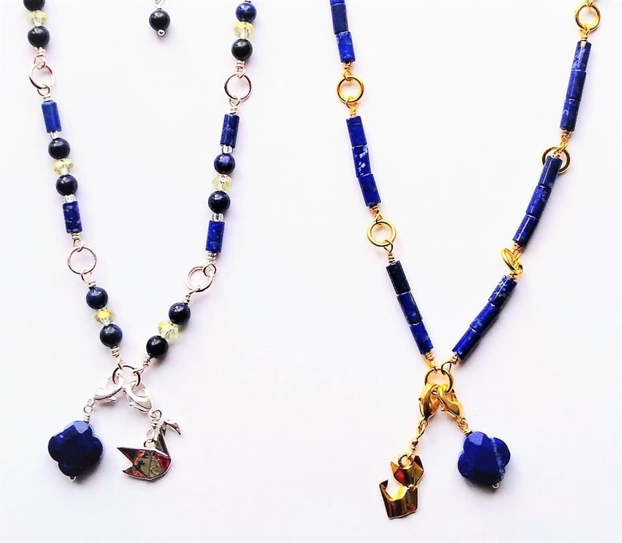 Natural Lapis Lazuli & Two Interchangeable Charms Necklace 16-18 Inch