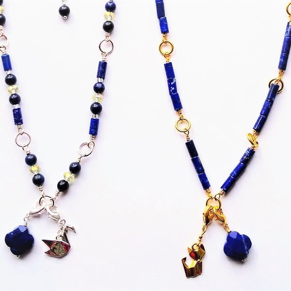 Natural Lapis Lazuli & Changeable Charms Or Pendants Necklace 16-18 Inch