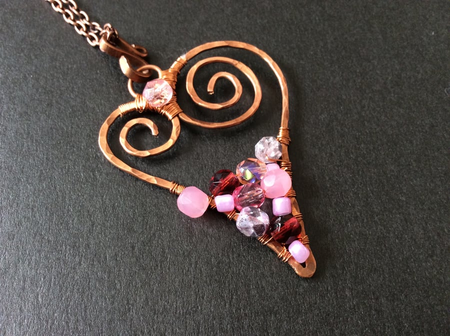  Rose Pink and Garnet Beaded Heart Necklace 