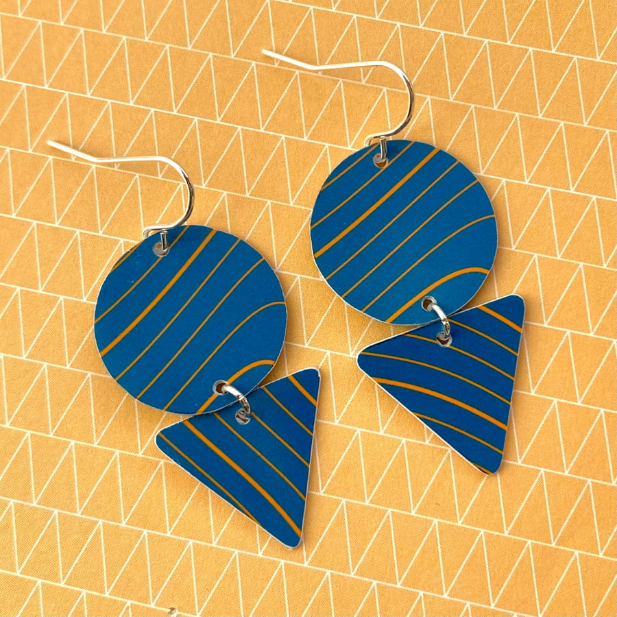 Recycled plastic blue & orange stripe circle & triangle earrings