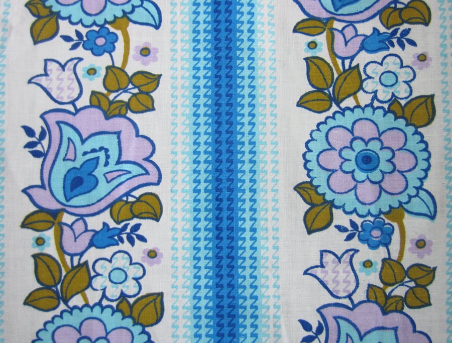 Unused Vintage 1970 s Blue Floral Fabric Remnant