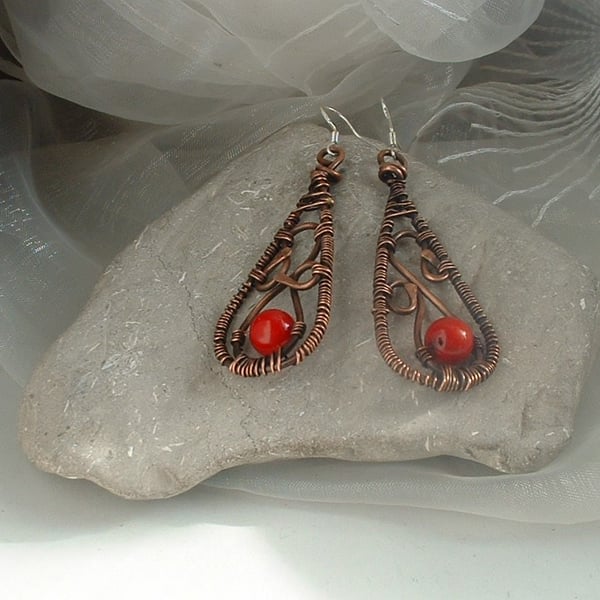 "Rambling Rose" Rustic Copper Wire Wrapped Earrings with Red Ceramic Beads