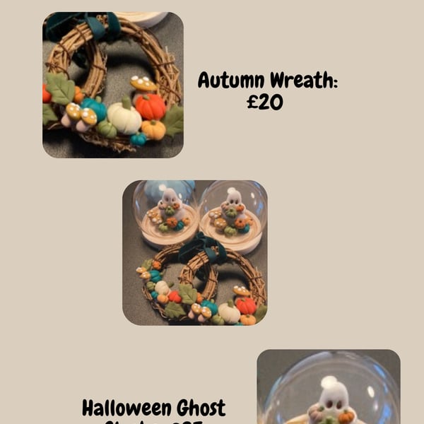 Halloween Ghost, pumpkins and toadstools handmade decorations