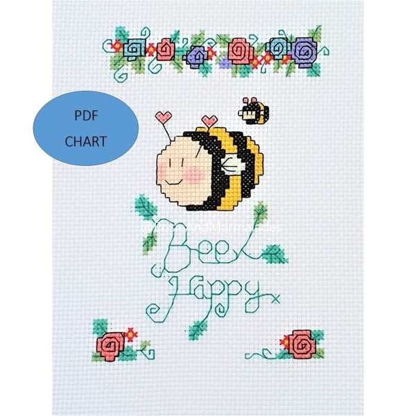 Bee Happy cute Cross stitch Instant digital Download PDF Pattern chart