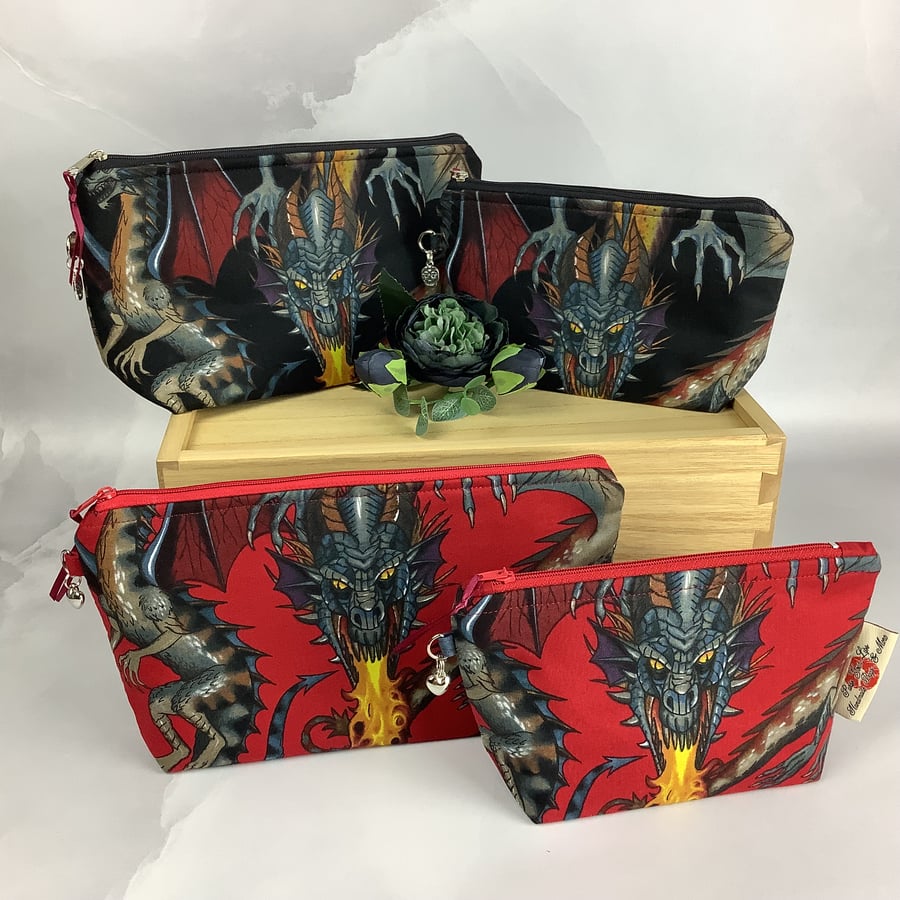 Dragons zip case, Zipper purse, 2 sizes and colours available, Handmade