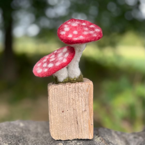 Needle Felted Fly Agaric Toadstool Driftwood Ornament