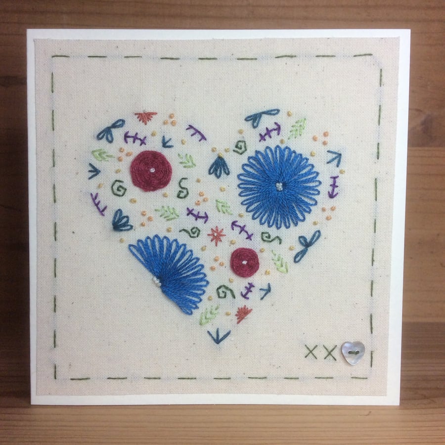Bright Floral Heart hand embroidered card