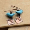 Handmade Copper Earrings with Blue Glass Birds and Wish Copper Charms