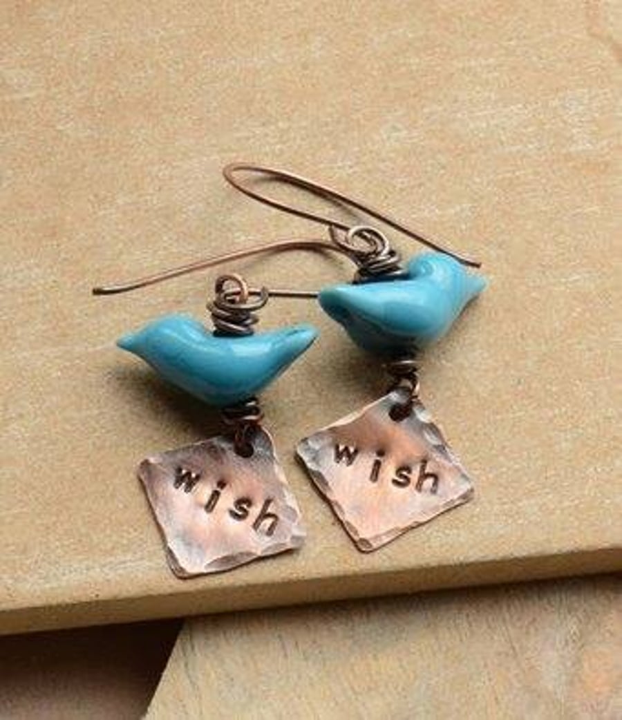 Handmade Copper Earrings with Blue Glass Birds and Wish Copper Charms