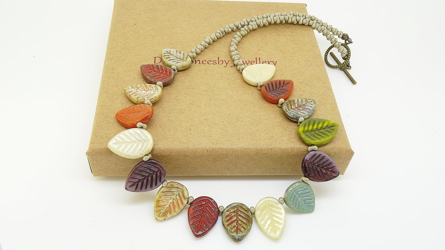 Czech Glass Necklace, Leaf Necklace, Multicoloured Necklace, Unique Necklace,