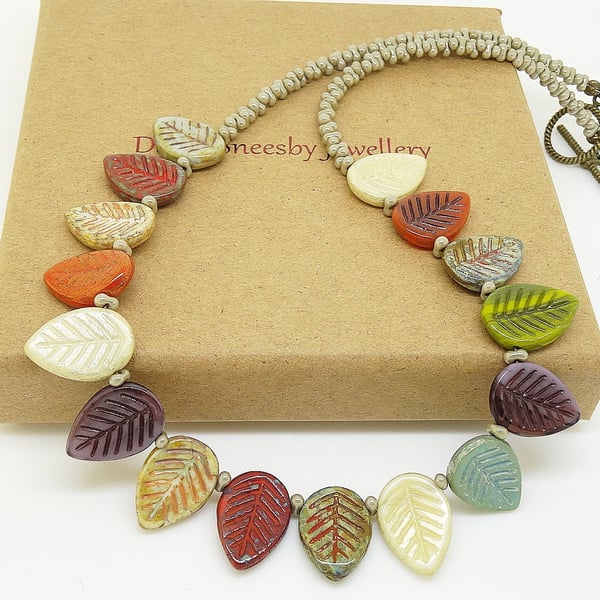 Czech Glass Necklace, Leaf Necklace, Multicoloured Necklace, Unique Necklace,