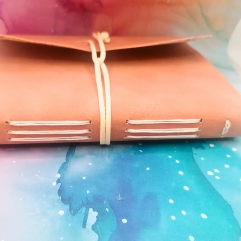 Tan A6 Faux Leather Sketchbook, Journal, Festive Mice interior.