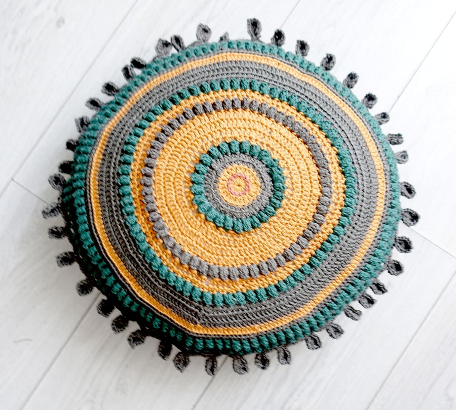 Fir Green and Gold Round Crochet Cushion 16 inches